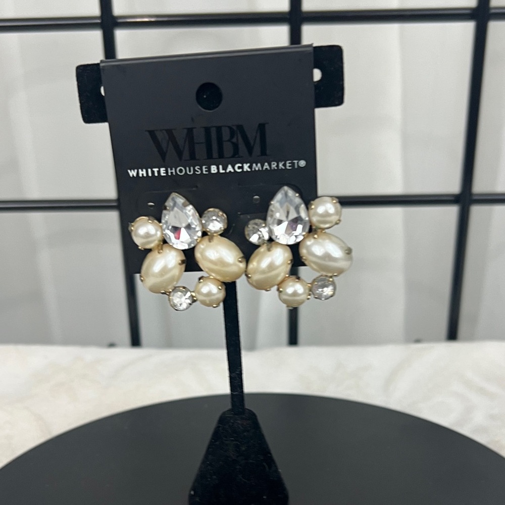 NWT White House Black Market Ivory Pearl & Crystal Teardrop Cluster Earrings